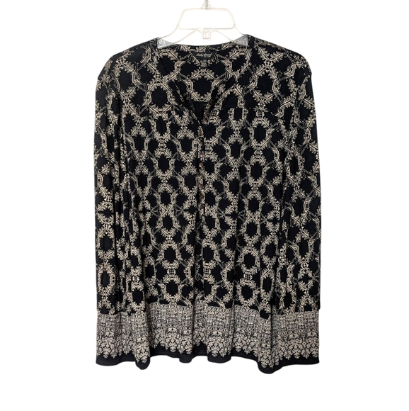 Lucky Brand Black Tan Geometric Patterned Henley Button Popover Blouse Size XL - Picture 1 of 8